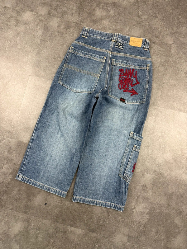 Savvy Denim 2000s Hiphop Graffiti Print Workwear Jorts cargo style Denim Shorts