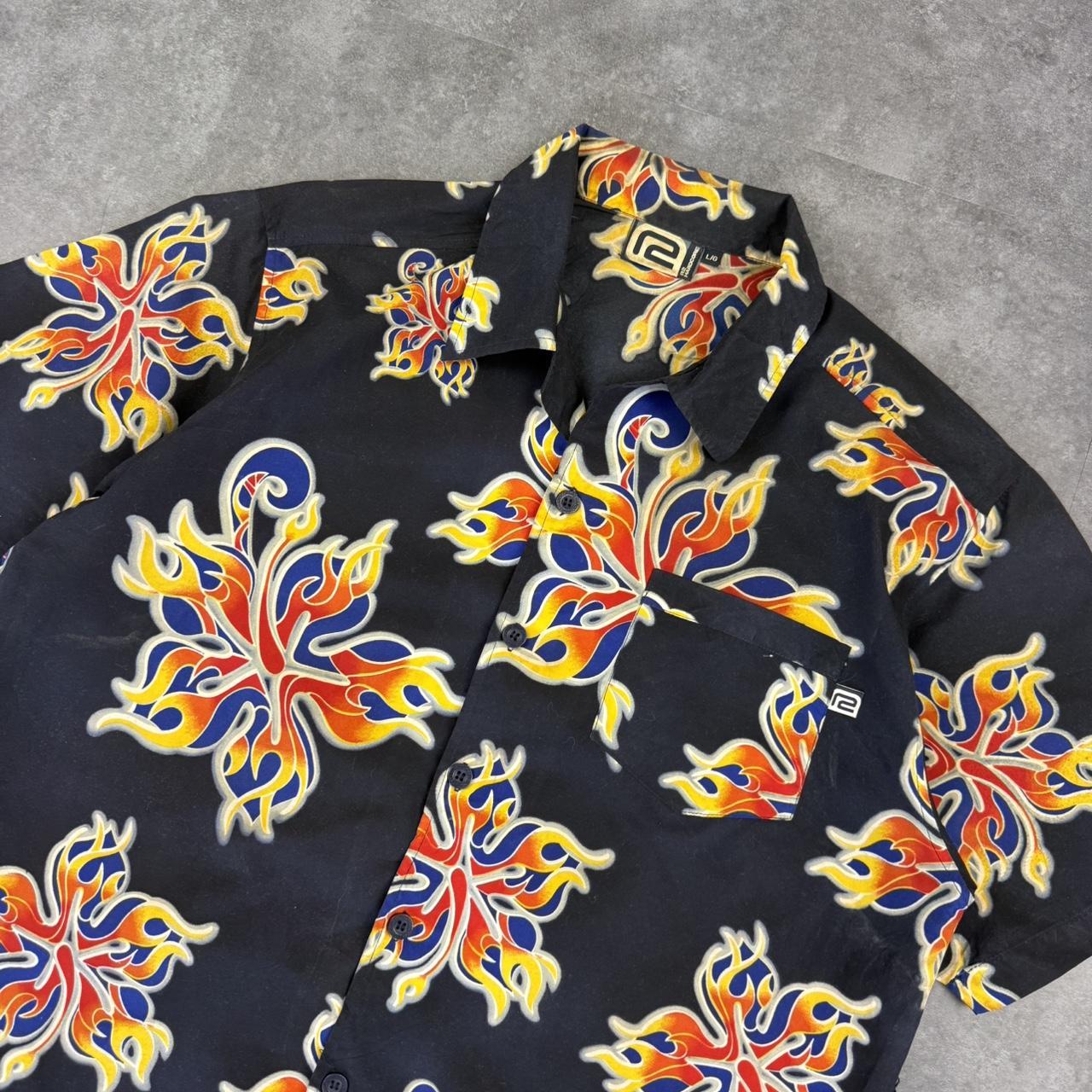 R2 Hardcore 2000s vintage 90s Y2K lightweight Summer flames hiphop Skater button down bowling Shirt