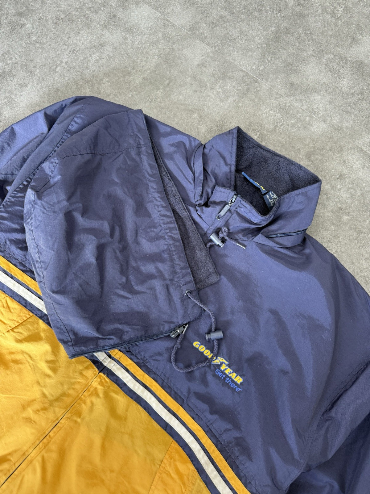 Vintage Goodyear 90s Bomber Racing Jacket Navy & Yellow Detatchable Hood Size L