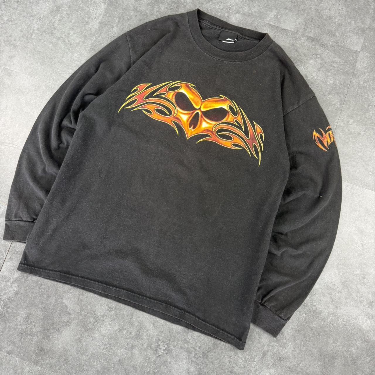 No Fear 2000s flaming skull long sleeve design graphic T shirt
