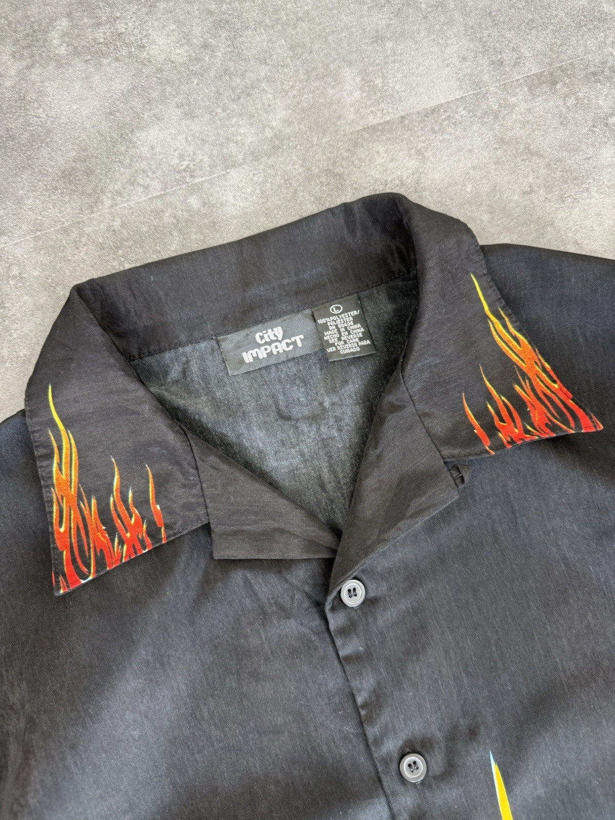 Vintage Y2k Flame Big Graphic Button Down Shirt Sleeve Bowling Shirt Size L