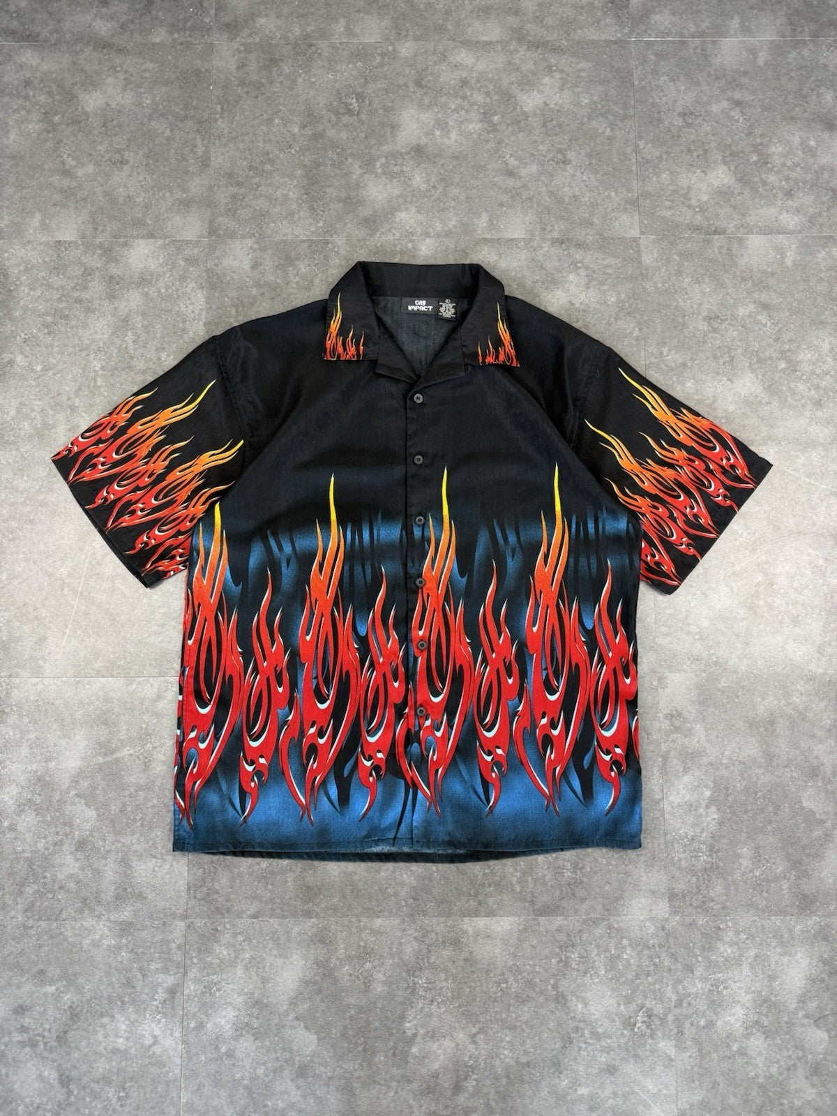 Vintage Y2k Flame Big Graphic Button Down Shirt Sleeve Bowling Shirt Size L