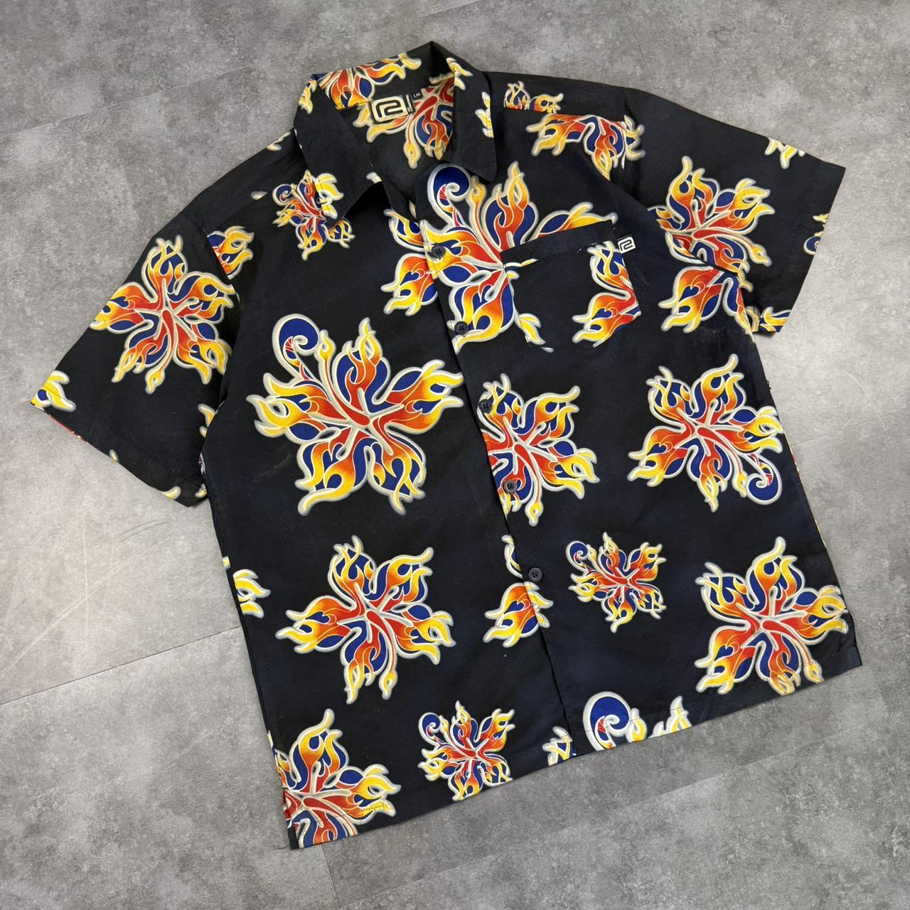 R2 Hardcore 2000s vintage 90s Y2K lightweight Summer flames hiphop Skater button down bowling Shirt