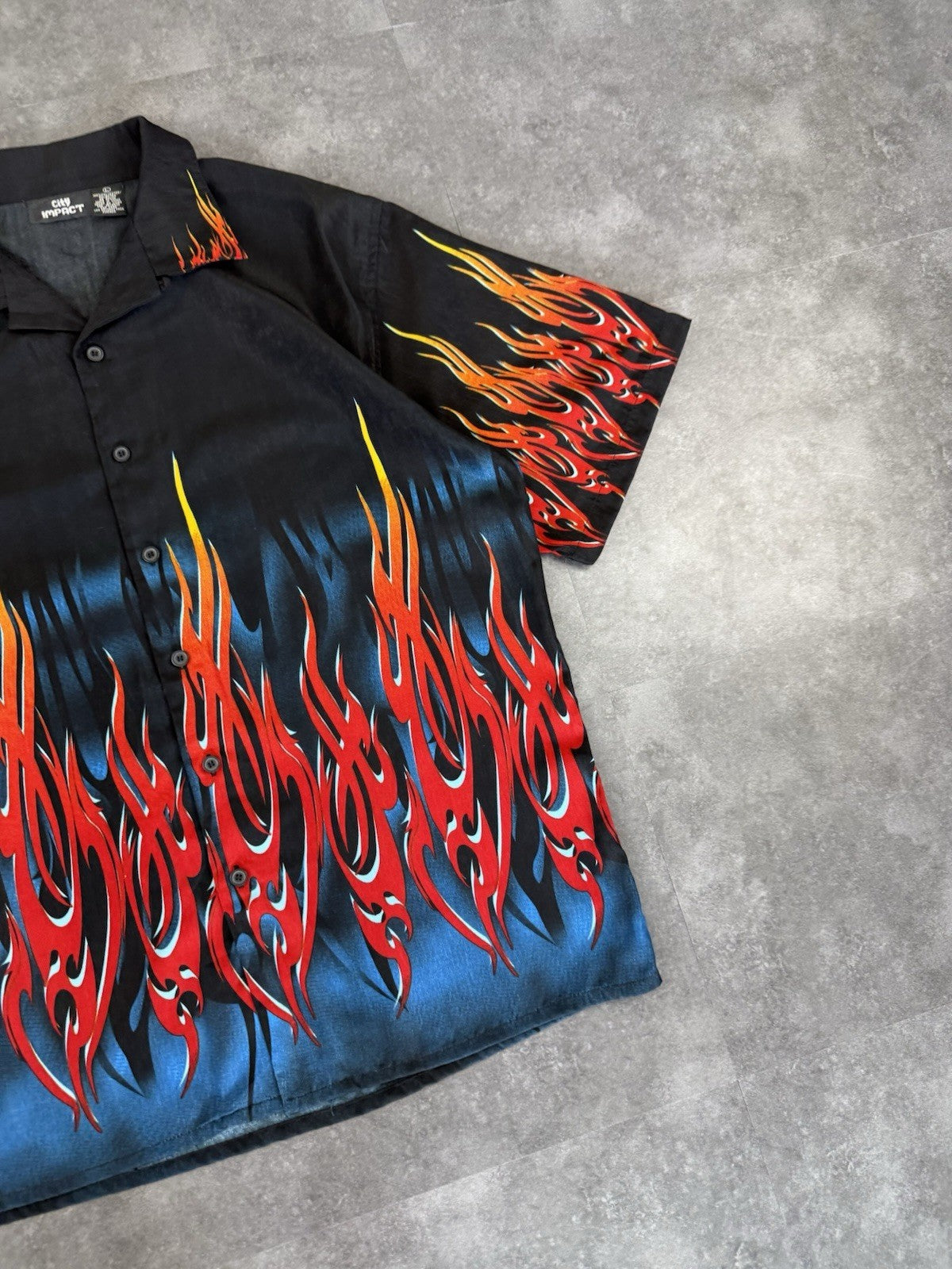 Vintage Y2k Flame Big Graphic Button Down Shirt Sleeve Bowling Shirt Size L