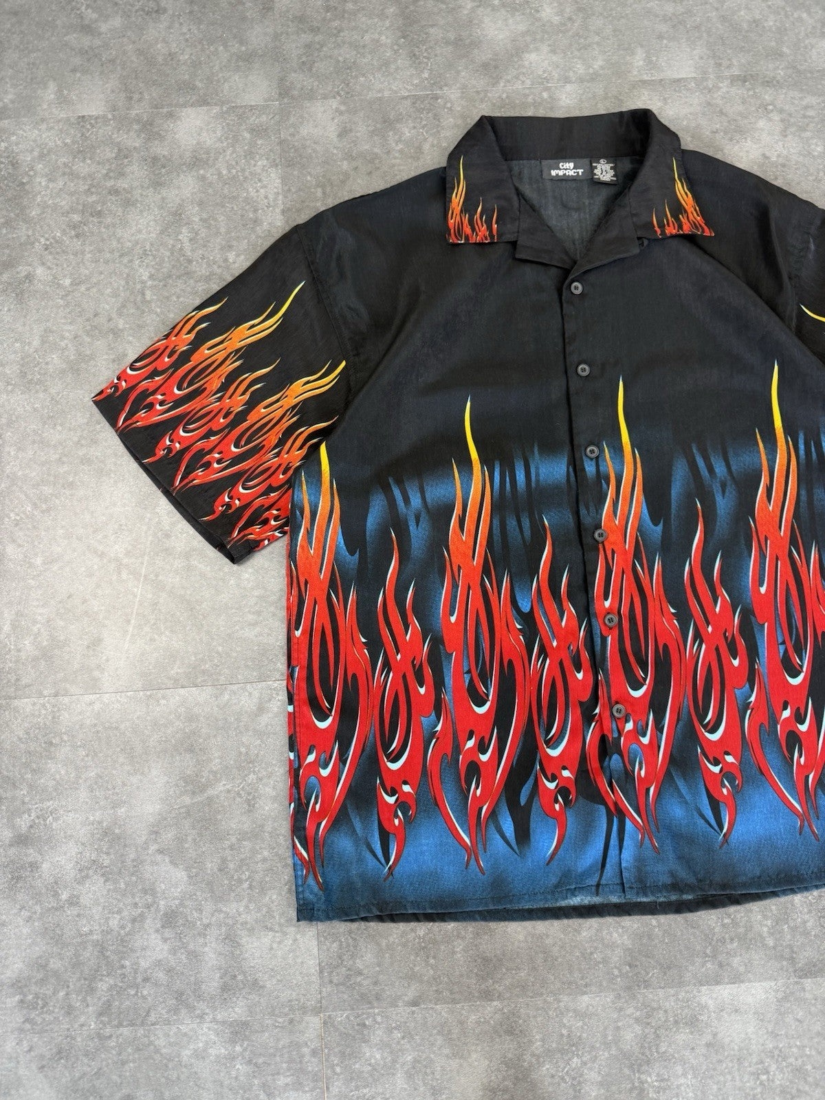 Vintage Y2k Flame Big Graphic Button Down Shirt Sleeve Bowling Shirt Size L