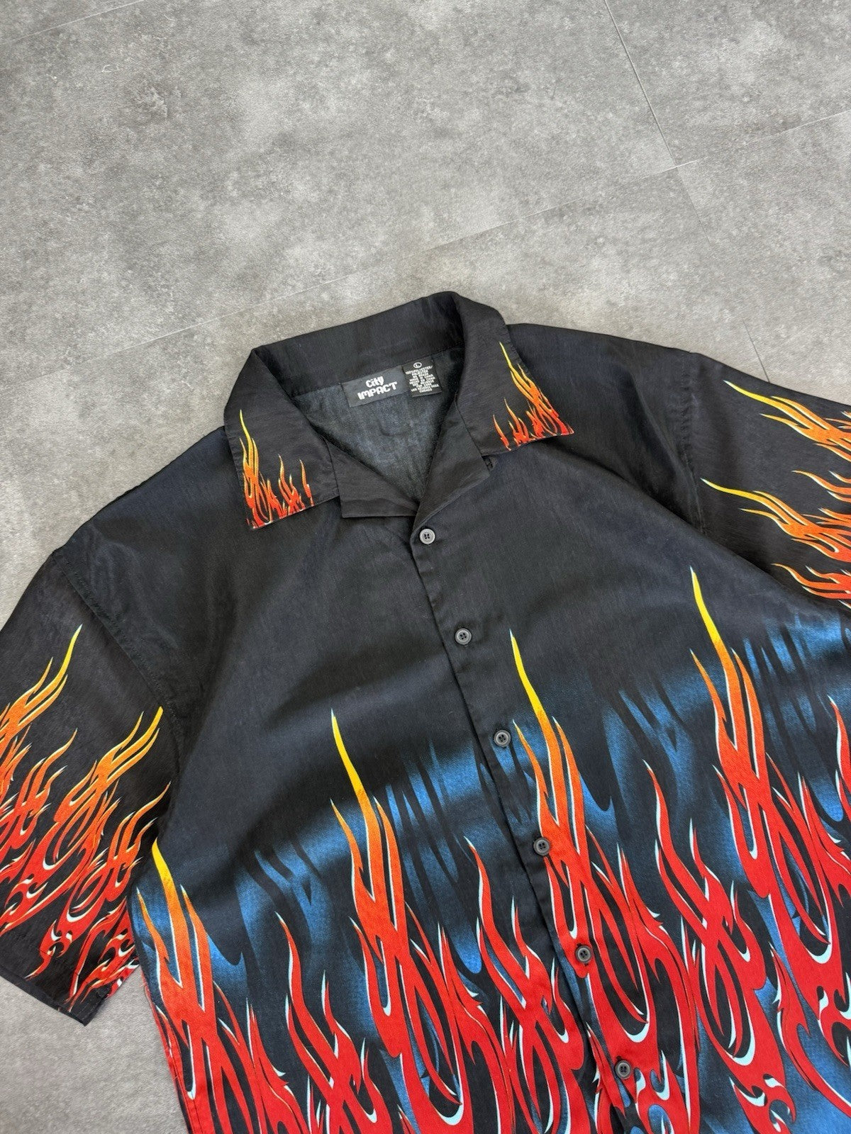 Vintage Y2k Flame Big Graphic Button Down Shirt Sleeve Bowling Shirt Size L