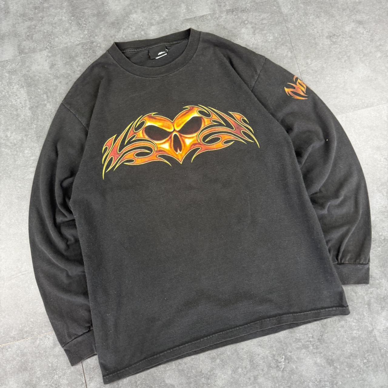 No Fear 2000s flaming skull long sleeve design graphic T shirt
