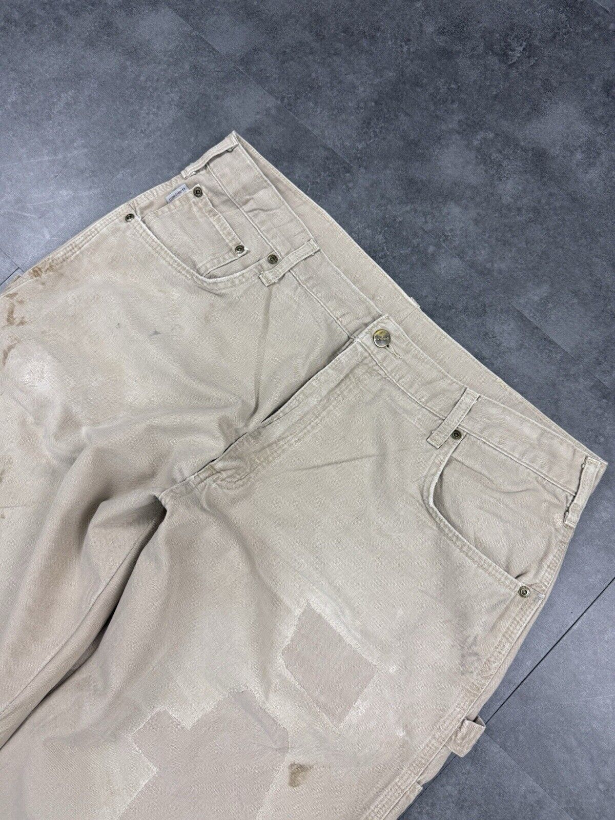 Vintage Carhartt Tan Brown Heavy Carpenter Baggy distressed patch Trousers 38x30
