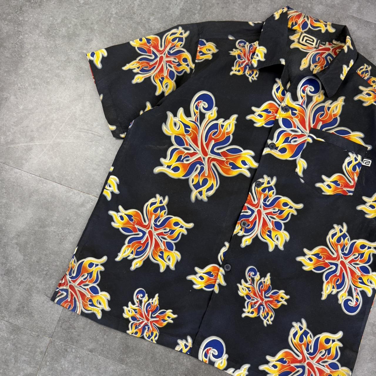 R2 Hardcore 2000s vintage 90s Y2K lightweight Summer flames hiphop Skater button down bowling Shirt