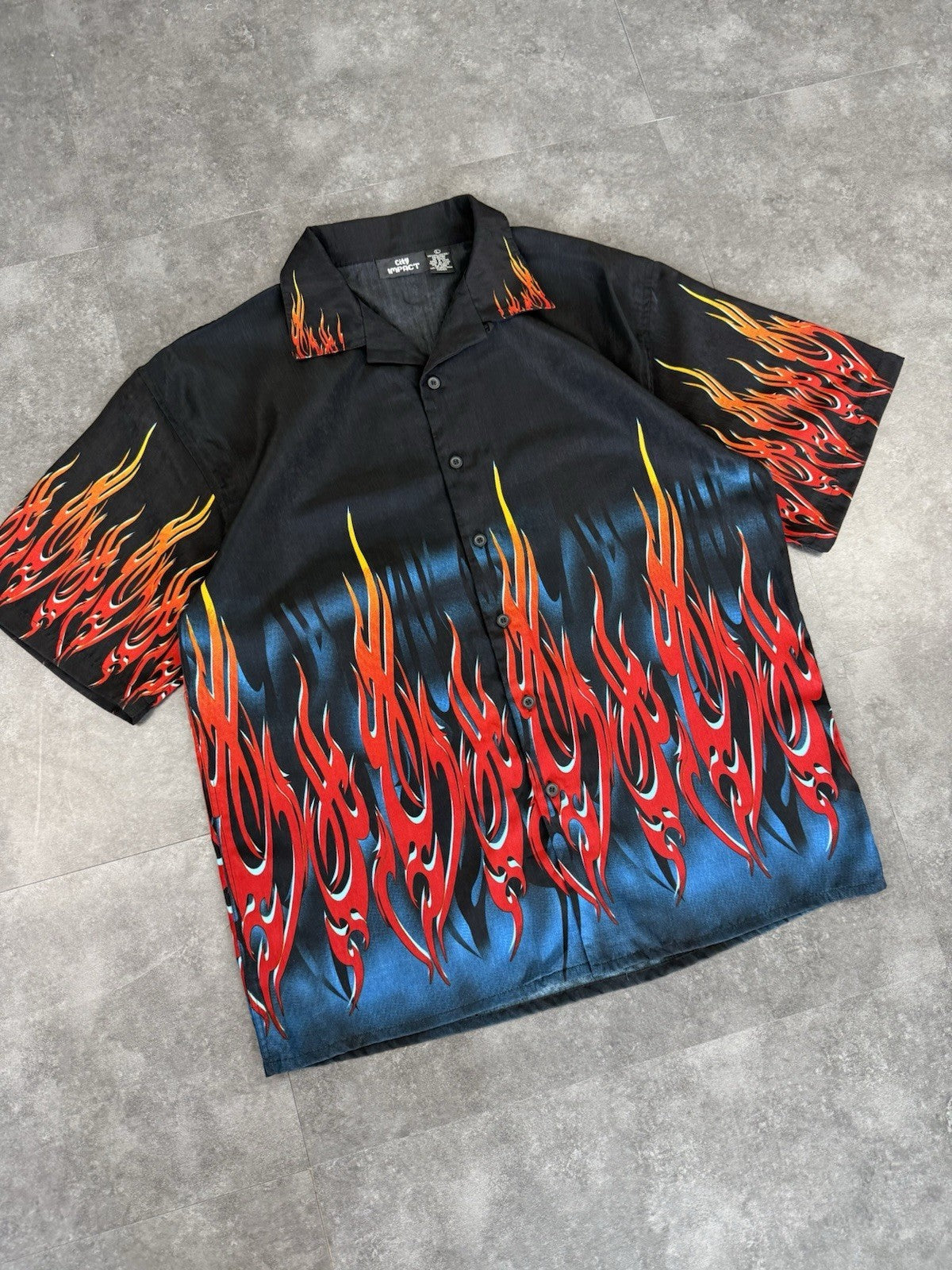 Vintage Y2k Flame Big Graphic Button Down Shirt Sleeve Bowling Shirt Size L