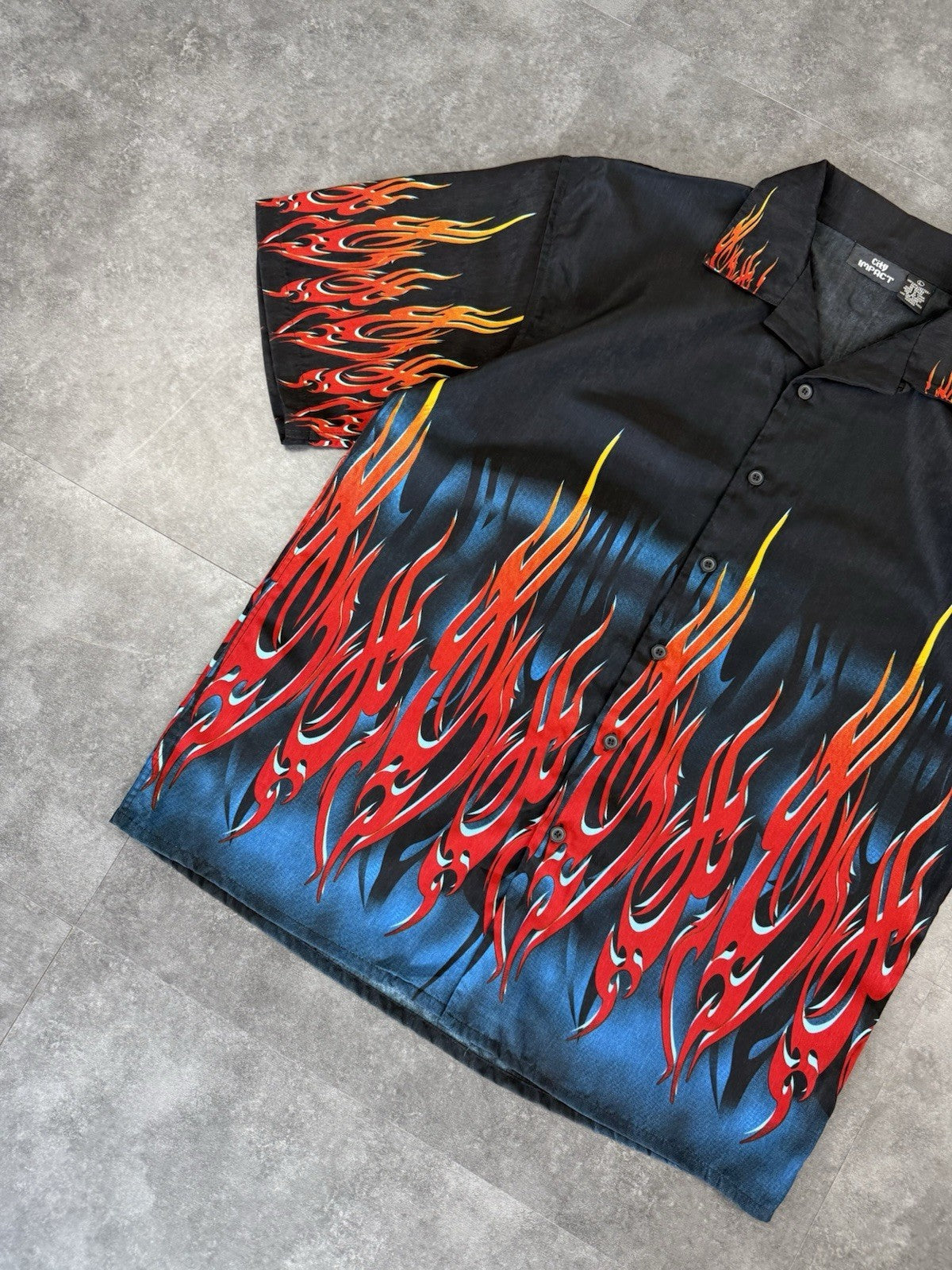 Vintage Y2k Flame Big Graphic Button Down Shirt Sleeve Bowling Shirt Size L