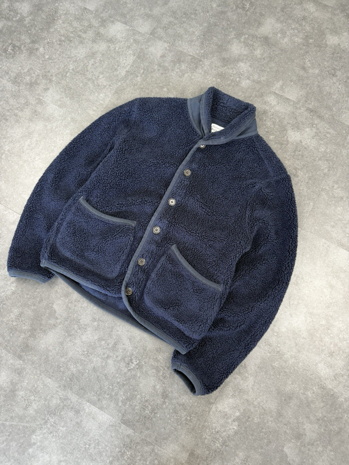 Universal Works Sherpa Fleece Button Cardigan Navy Blue Size L Women's