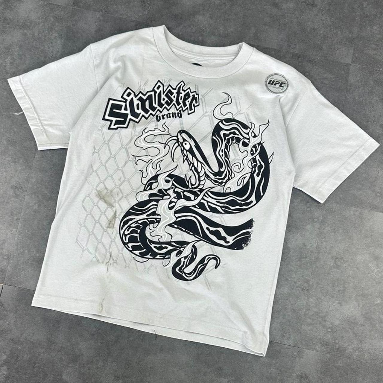 UFC Sinist3r T 2000s Print Logo flaming snake in a cage design graphic T shirt