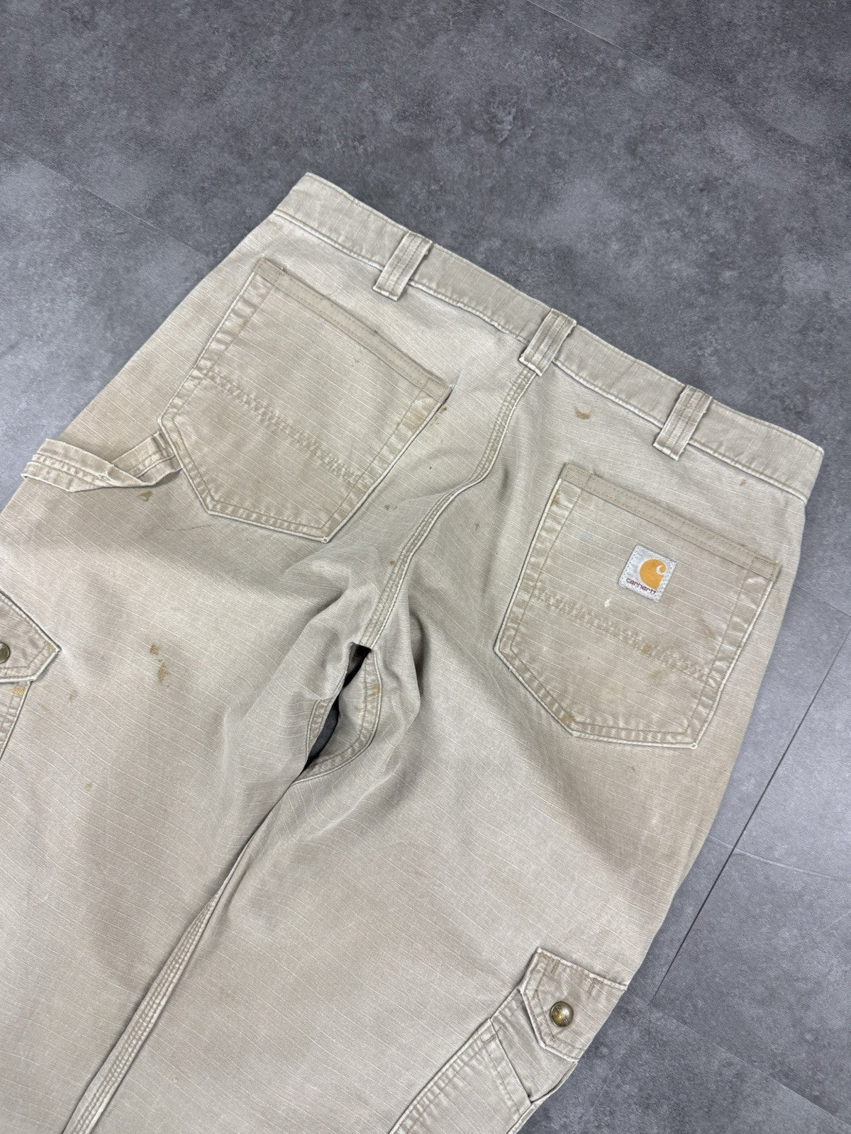 Carhartt Double Knee Cargo Pants Khaki Faded Vintage Workwear, Mens W34 L36