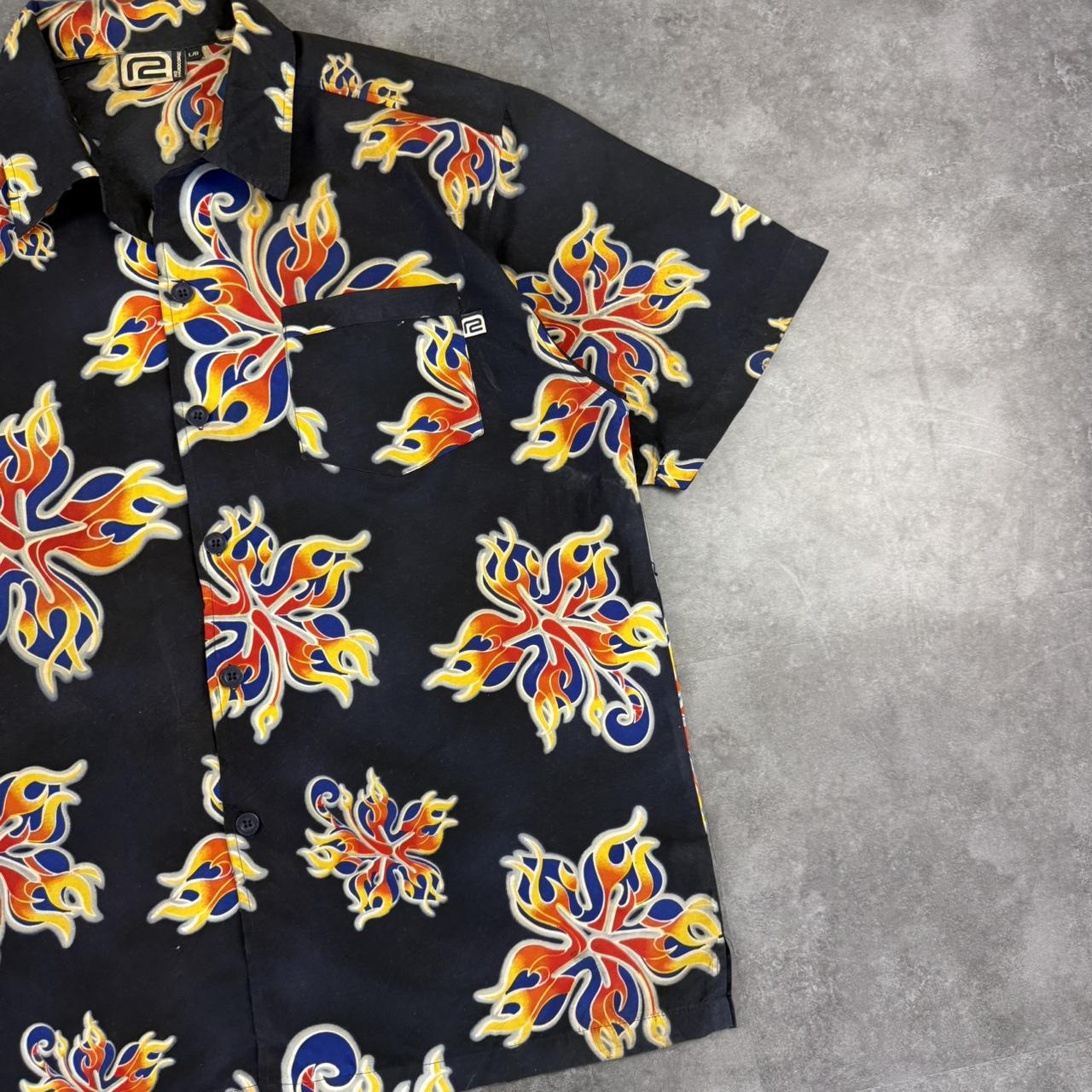 R2 Hardcore 2000s vintage 90s Y2K lightweight Summer flames hiphop Skater button down bowling Shirt