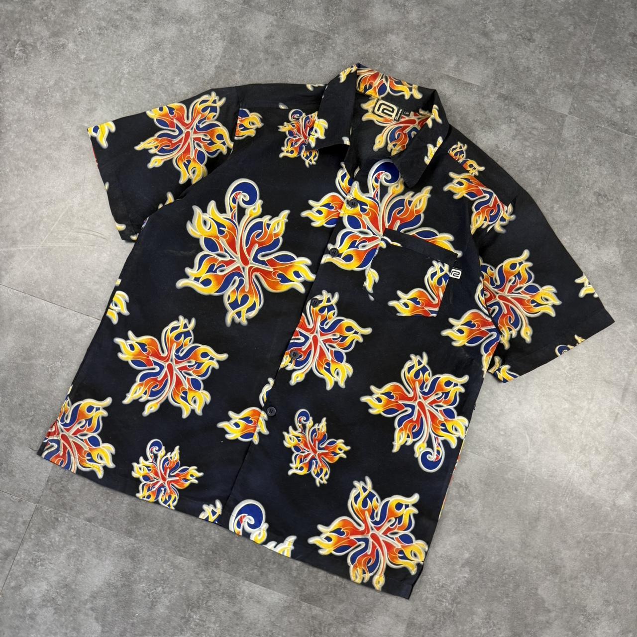 R2 Hardcore 2000s vintage 90s Y2K lightweight Summer flames hiphop Skater button down bowling Shirt