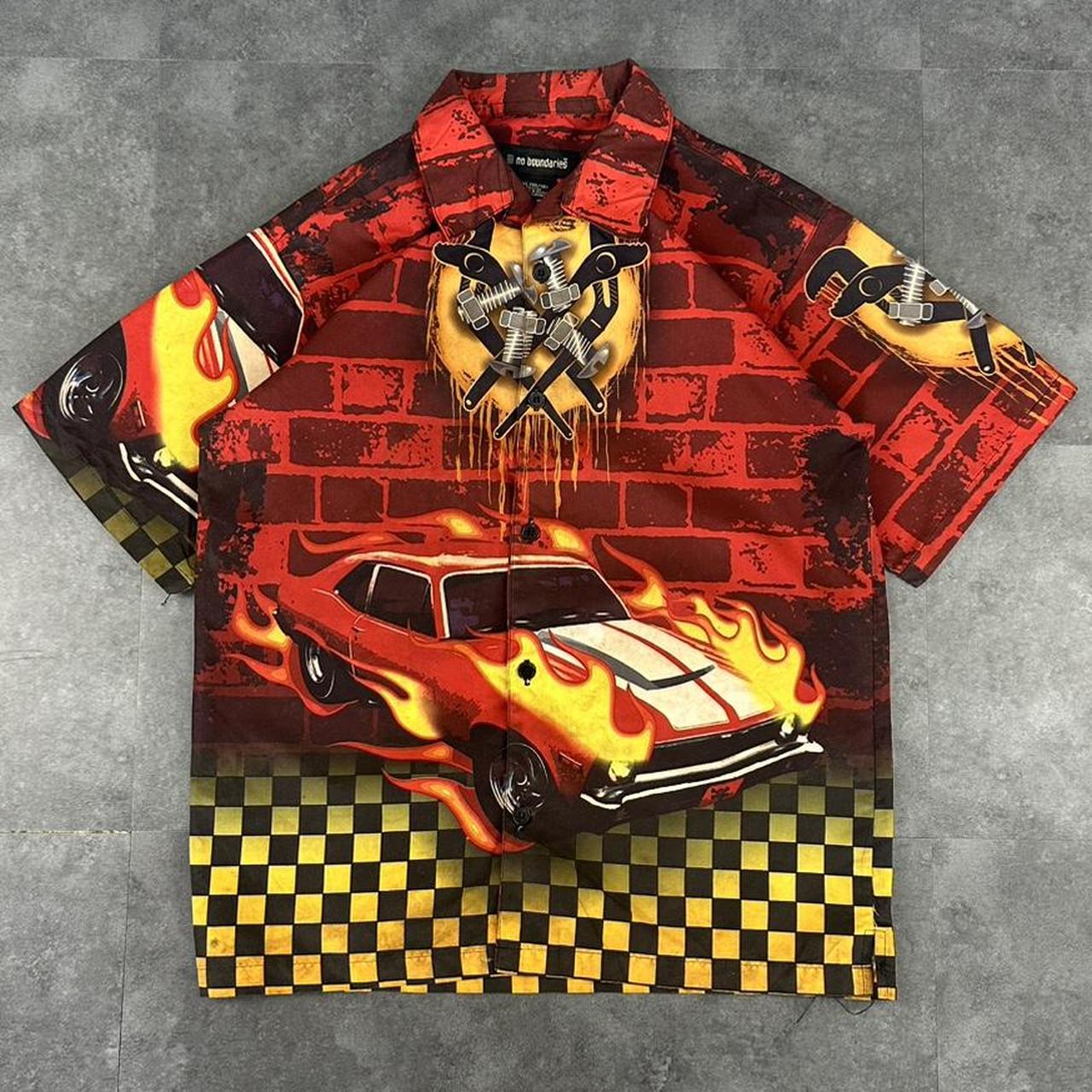 No Boundaries 2000s vintage 90s Y2K lightweight Summer racing button down bowling Shirt