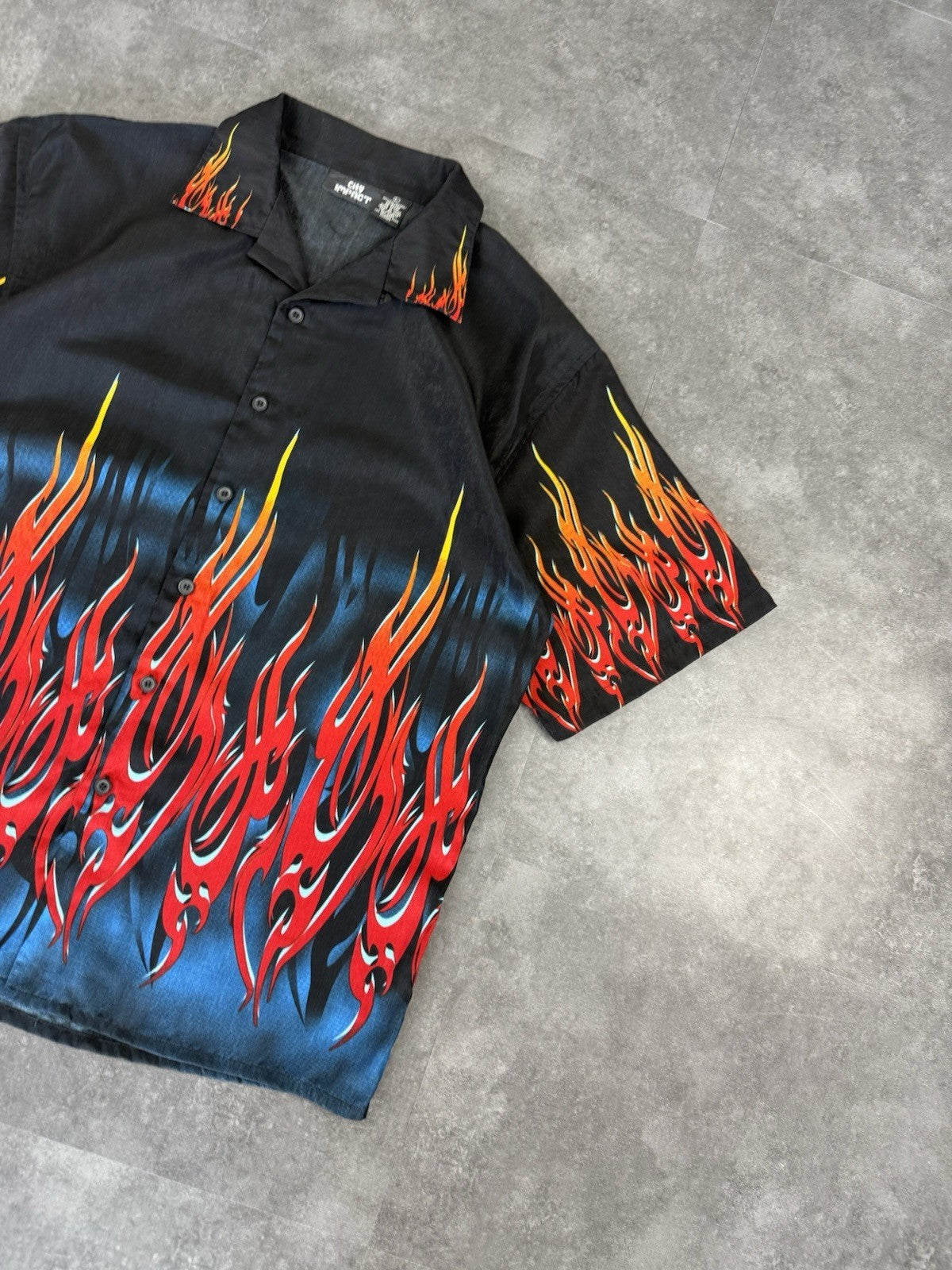 Vintage Y2k Flame Big Graphic Button Down Shirt Sleeve Bowling Shirt Size L