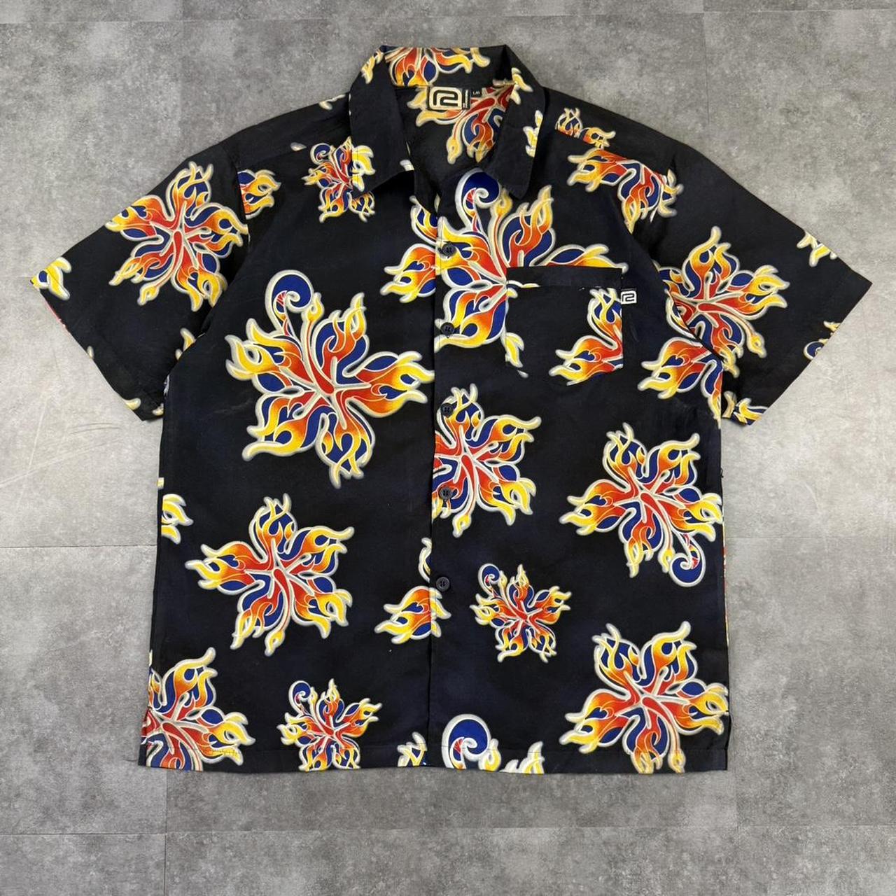 R2 Hardcore 2000s vintage 90s Y2K lightweight Summer flames hiphop Skater button down bowling Shirt