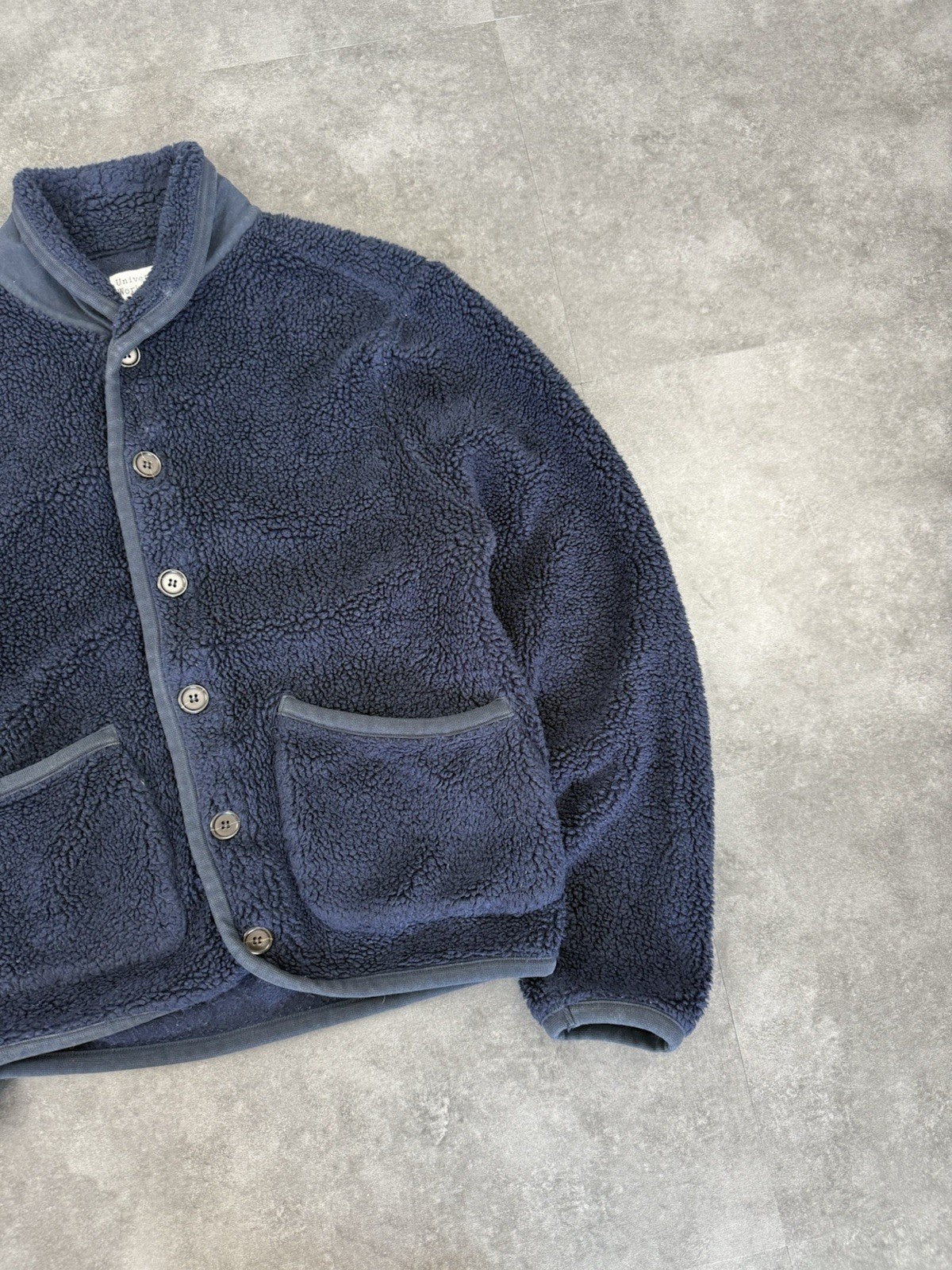 Universal Works Sherpa Fleece Button Cardigan Navy Blue Size L Women's