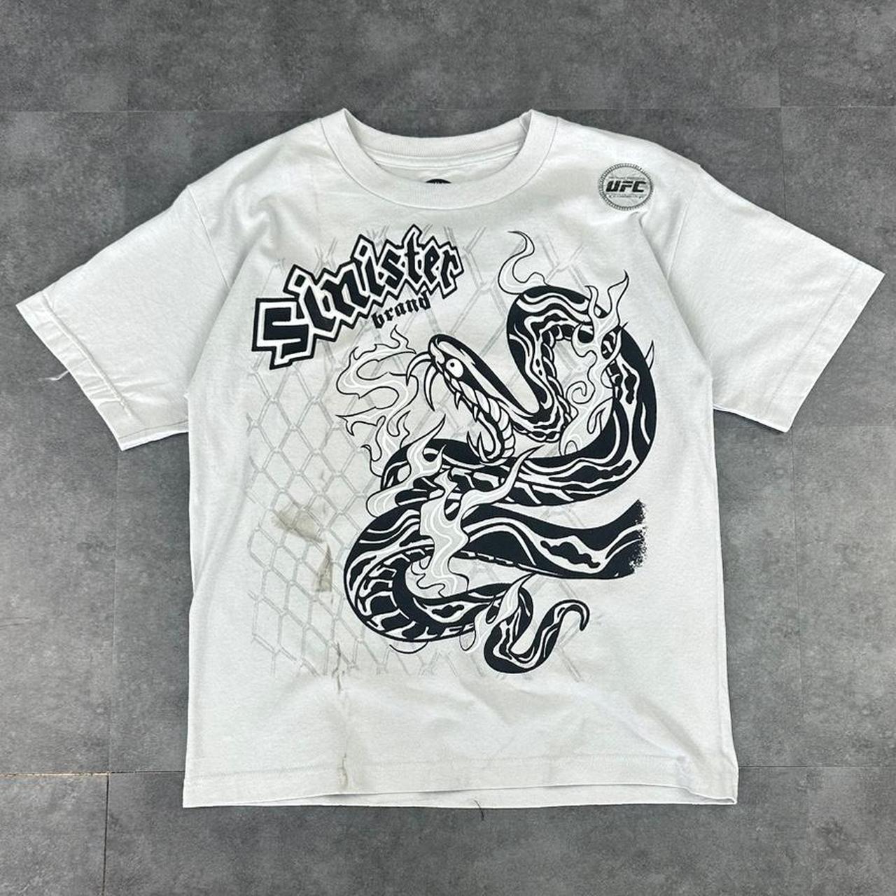 UFC Sinist3r T 2000s Print Logo flaming snake in a cage design graphic T shirt