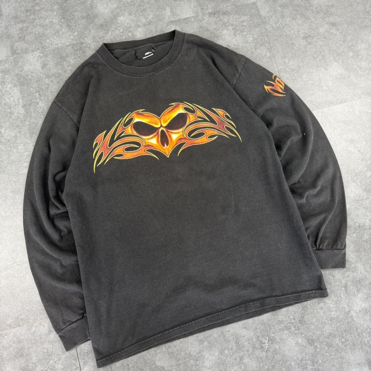 No Fear 2000s flaming skull long sleeve design graphic T shirt