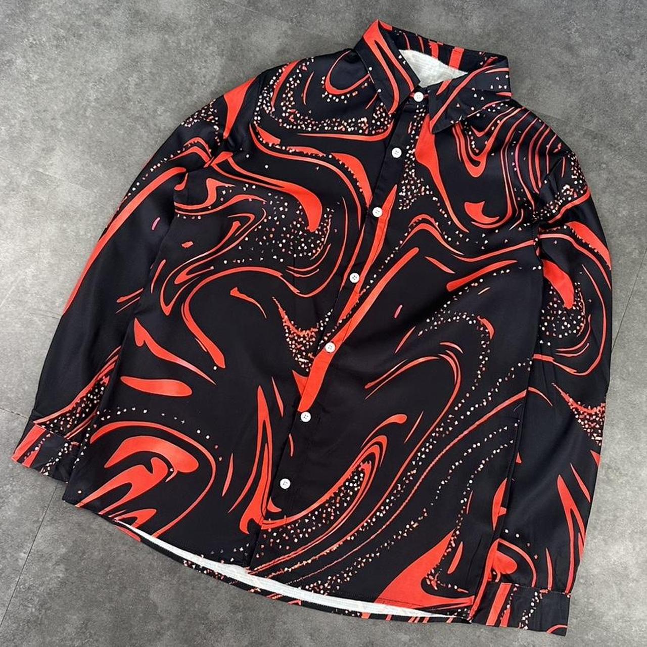 Red and Black 2000s vintage 90s Y2K lightweight Summer racing button down bowling Shirt