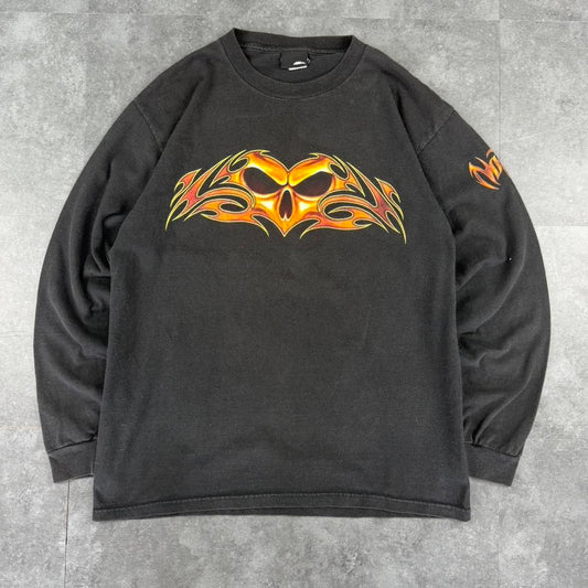 No Fear 2000s flaming skull long sleeve design graphic T shirt