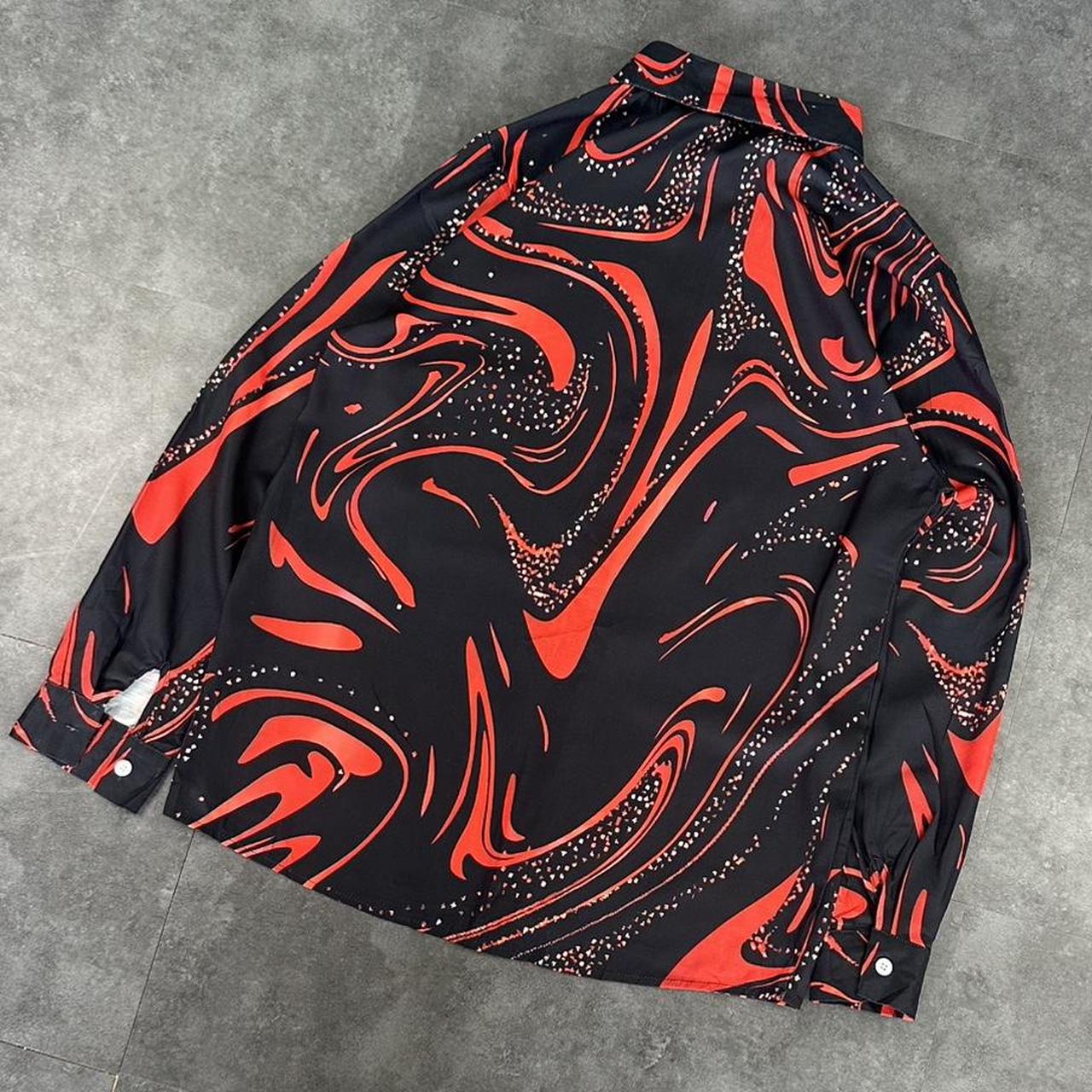 Red and Black 2000s vintage 90s Y2K lightweight Summer racing button down bowling Shirt