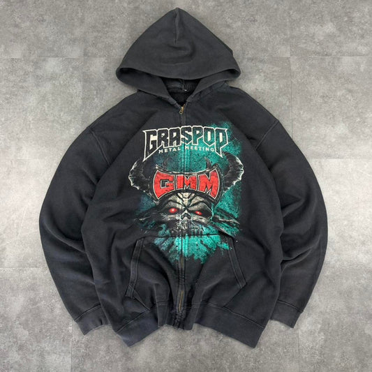 Gothic festival 2000s full zip Spellout graphic Grunge skull hoodie