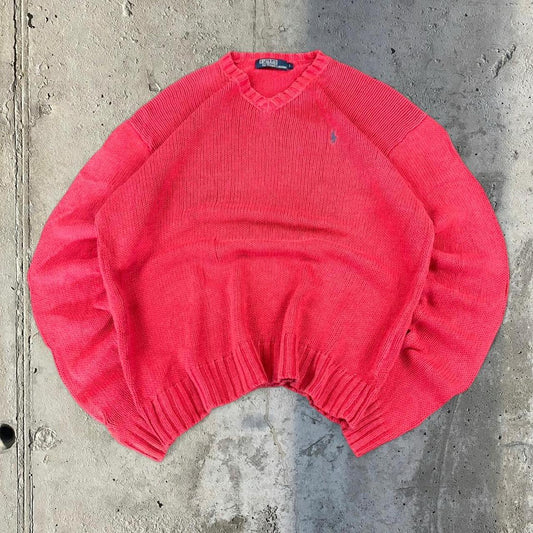 Polo Ralph Lauren 90s chunky knit heavyweight red v neck jumper