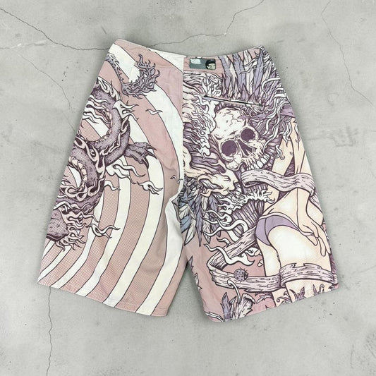 Lost surf ‘pyscho ward’ skull Vintage Y2K Surfwear beach swim board shorts