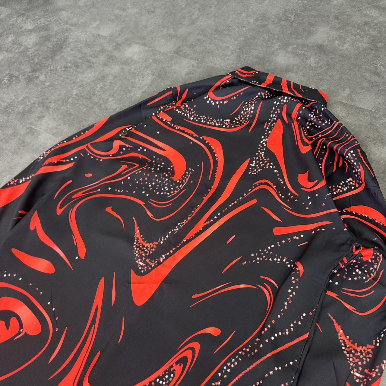 Red and Black 2000s vintage 90s Y2K lightweight Summer racing button down bowling Shirt