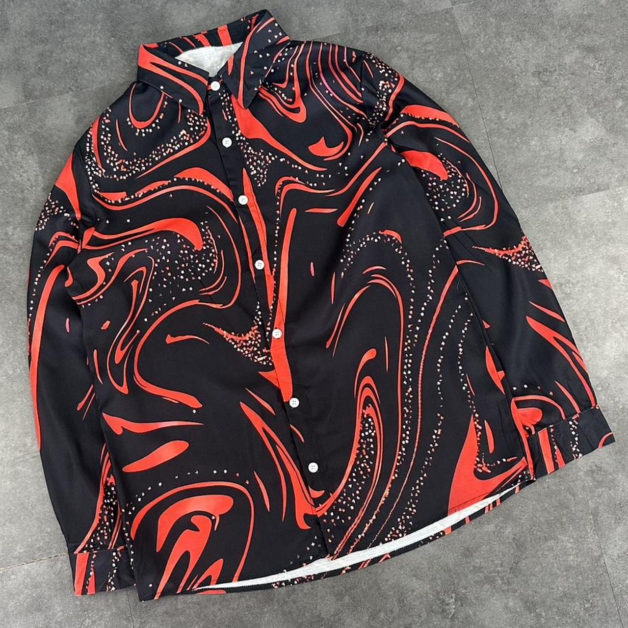 Red and Black 2000s vintage 90s Y2K lightweight Summer racing button down bowling Shirt