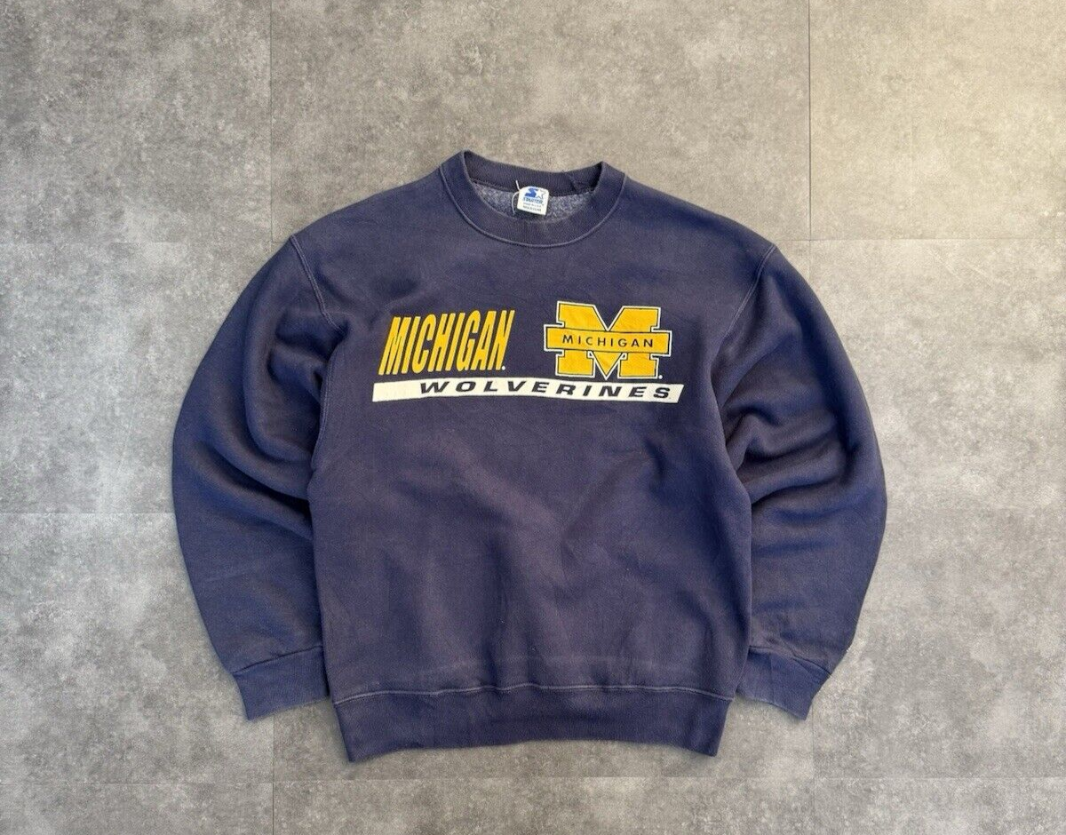 Vintage Starter Michigan Wolverines Print Sweatshirt Navy Blue Medium