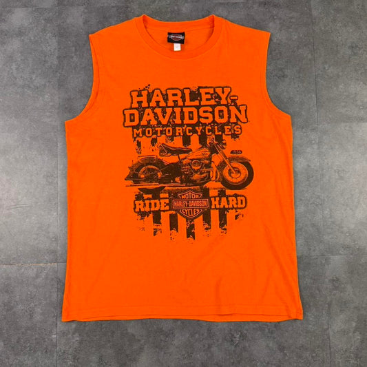 Harley Davidson 2000s biker motorcycle logo Spellout graphic sleeveless vest T shirt