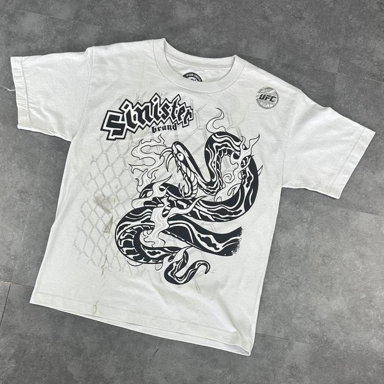 UFC Sinist3r T 2000s Print Logo flaming snake in a cage design graphic T shirt
