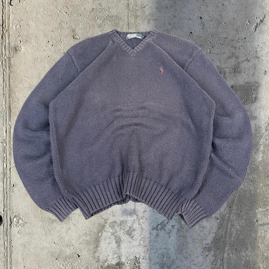 Polo Ralph Lauren 90s chunky knit heavyweight navy v neck jumper