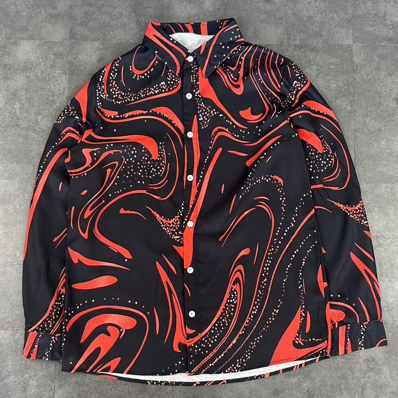 Red and Black 2000s vintage 90s Y2K lightweight Summer racing button down bowling Shirt