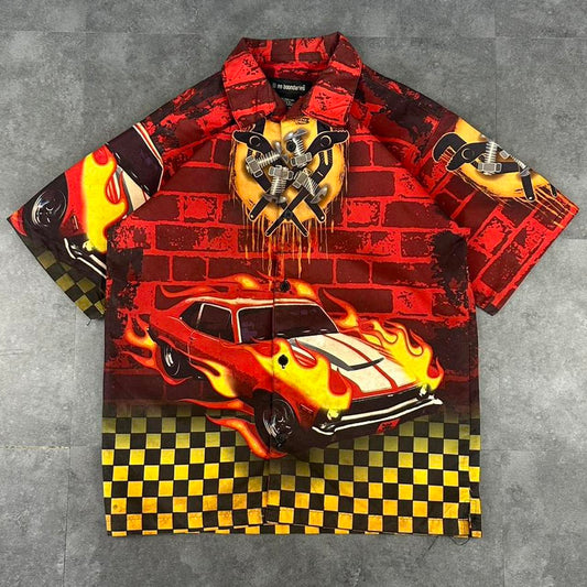 No Boundaries 2000s vintage 90s Y2K lightweight Summer racing button down bowling Shirt