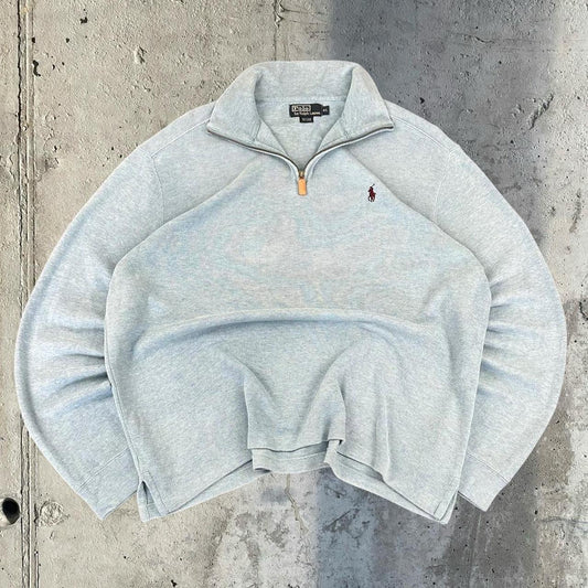 Polo Golf Ralph Lauren 90s chunky knit light blue pullover rip knit quarter 1/4 zip jumper