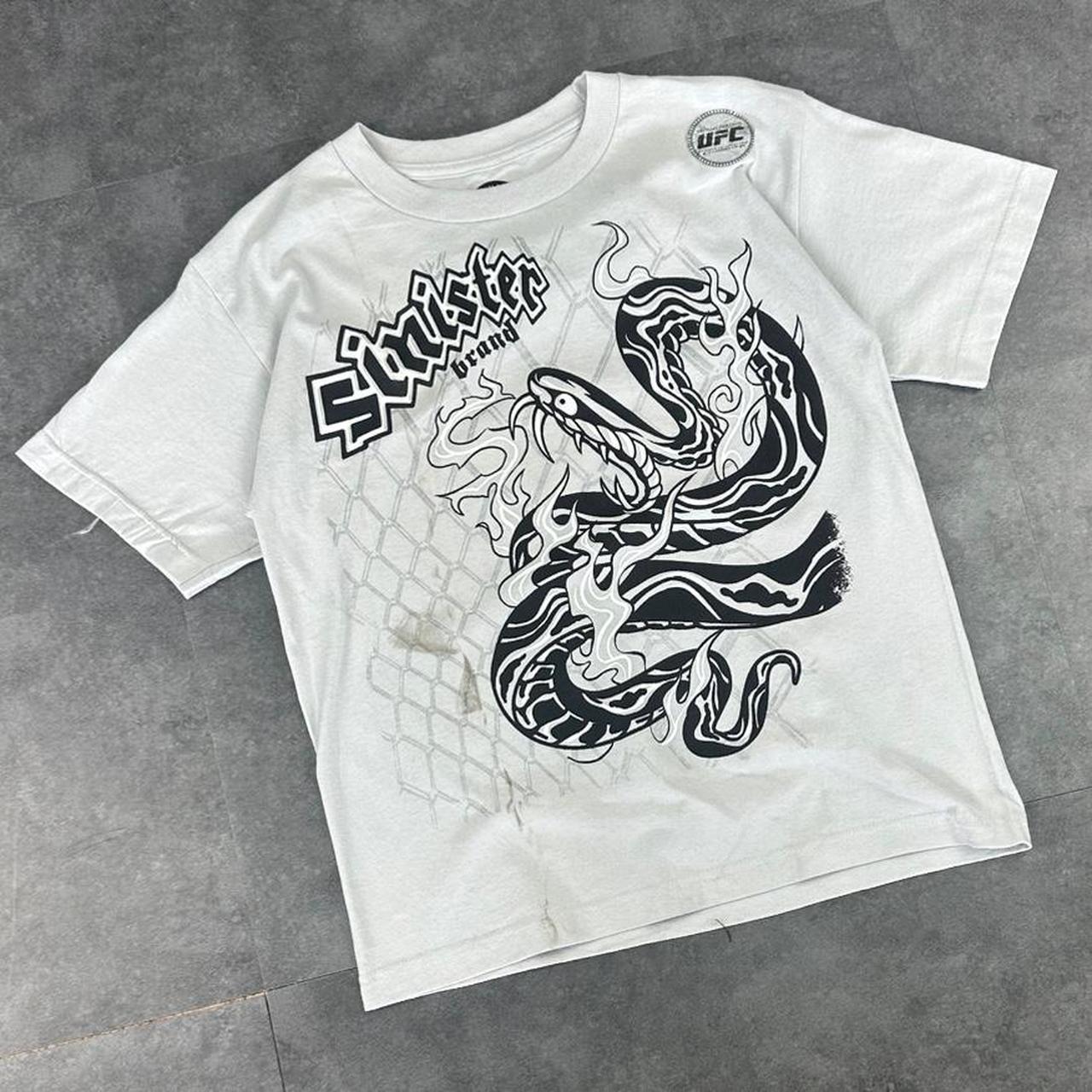 UFC Sinist3r T 2000s Print Logo flaming snake in a cage design graphic T shirt