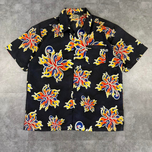 R2 Hardcore 2000s vintage 90s Y2K lightweight Summer flames hiphop Skater button down bowling Shirt