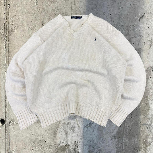 Polo Ralph Lauren 90s chunky knit heavyweight blue v neck jumper
