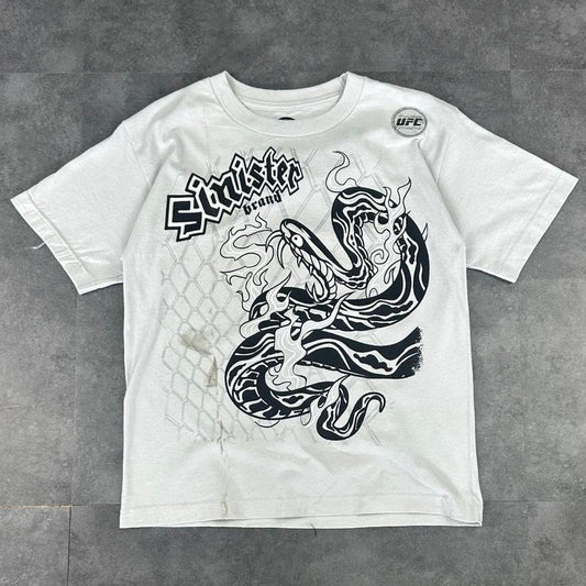 UFC Sinist3r T 2000s Print Logo flaming snake in a cage design graphic T shirt