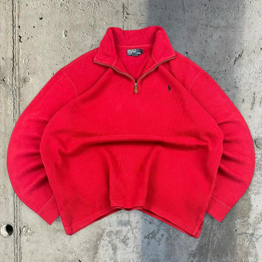 Polo Ralph Lauren 90s chunky knit red pullover knit quarter 1/4 zip jumper