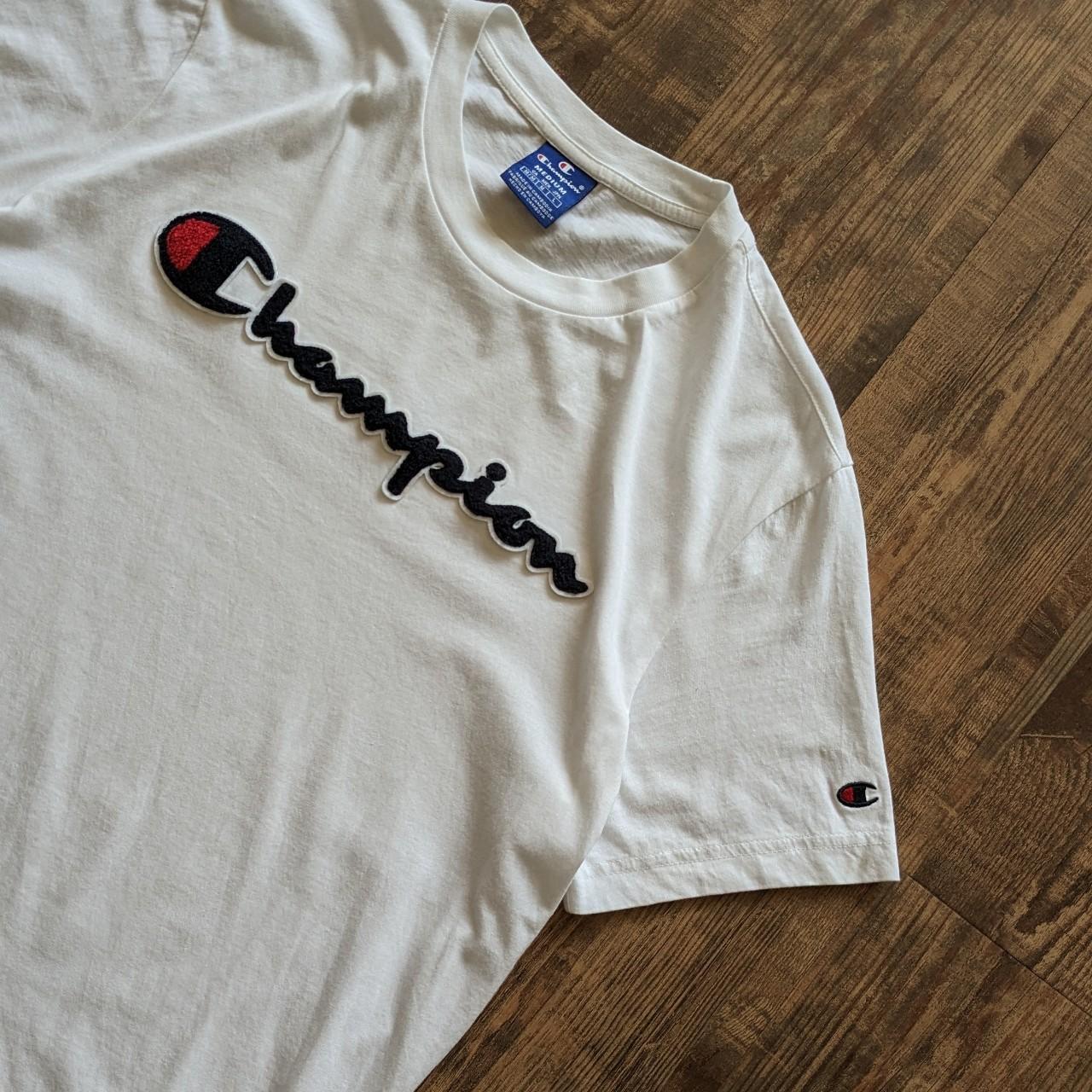 Champion 00s spellout T shirt with pile furry logo