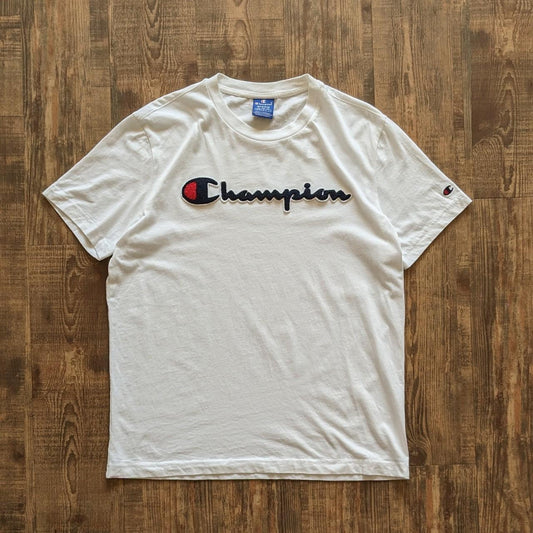 Champion 00s spellout T shirt with pile furry logo